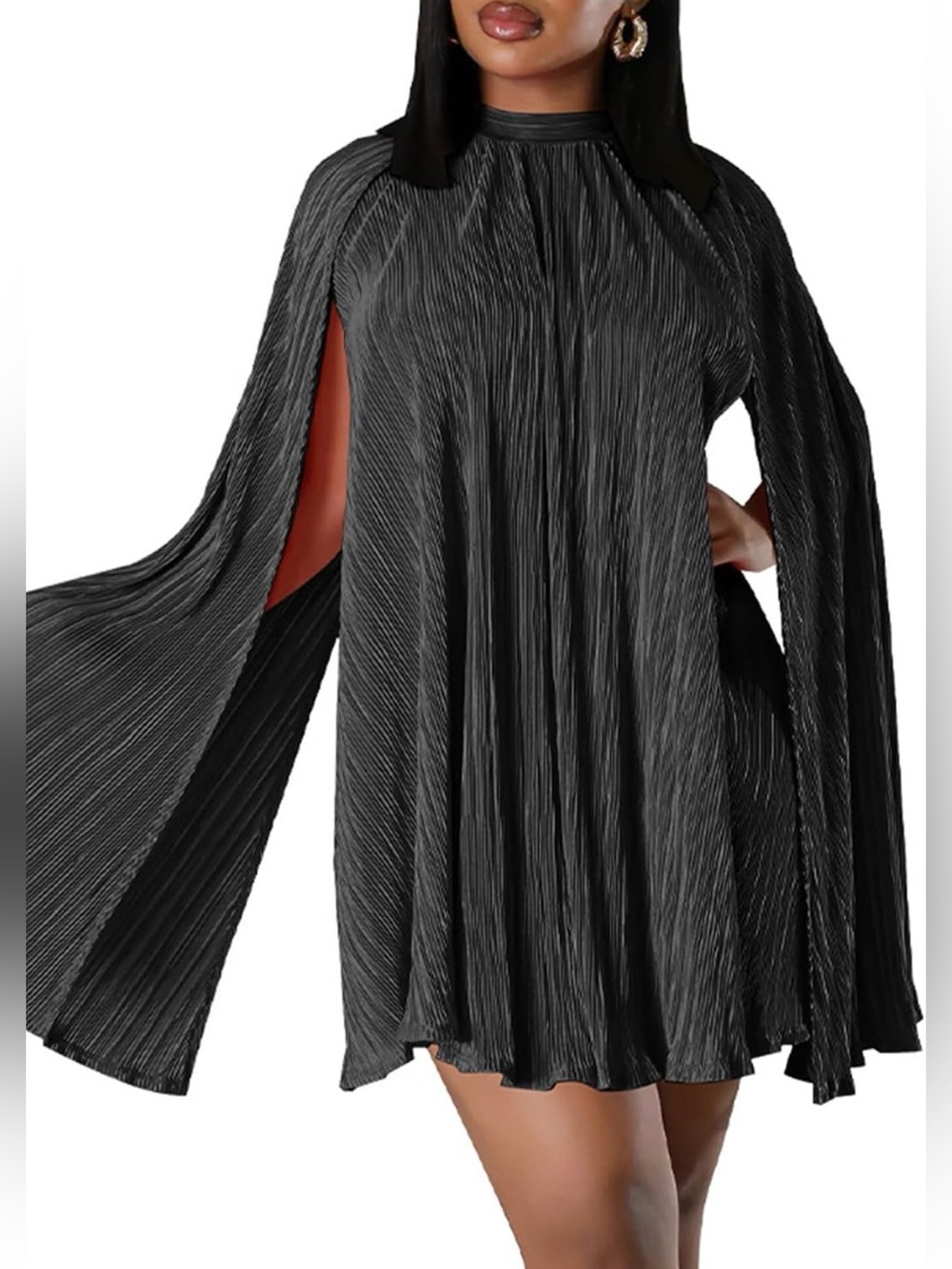 Women’s Elegant Cape Split Sleeve Pleated Short Dress Loose Fit Cocktail Party